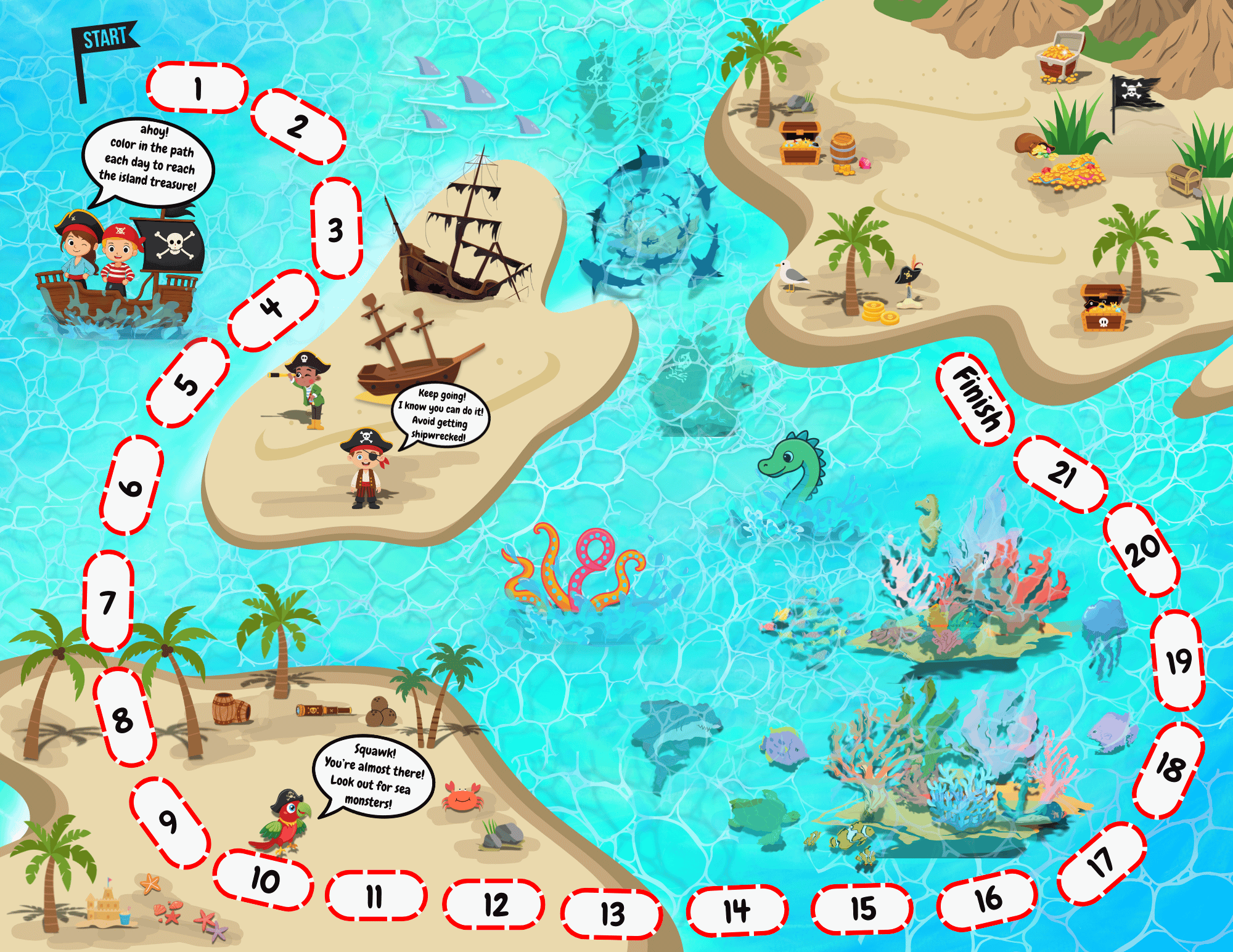 Pirate Adventure 21-day school habit tracker calendar for productivity